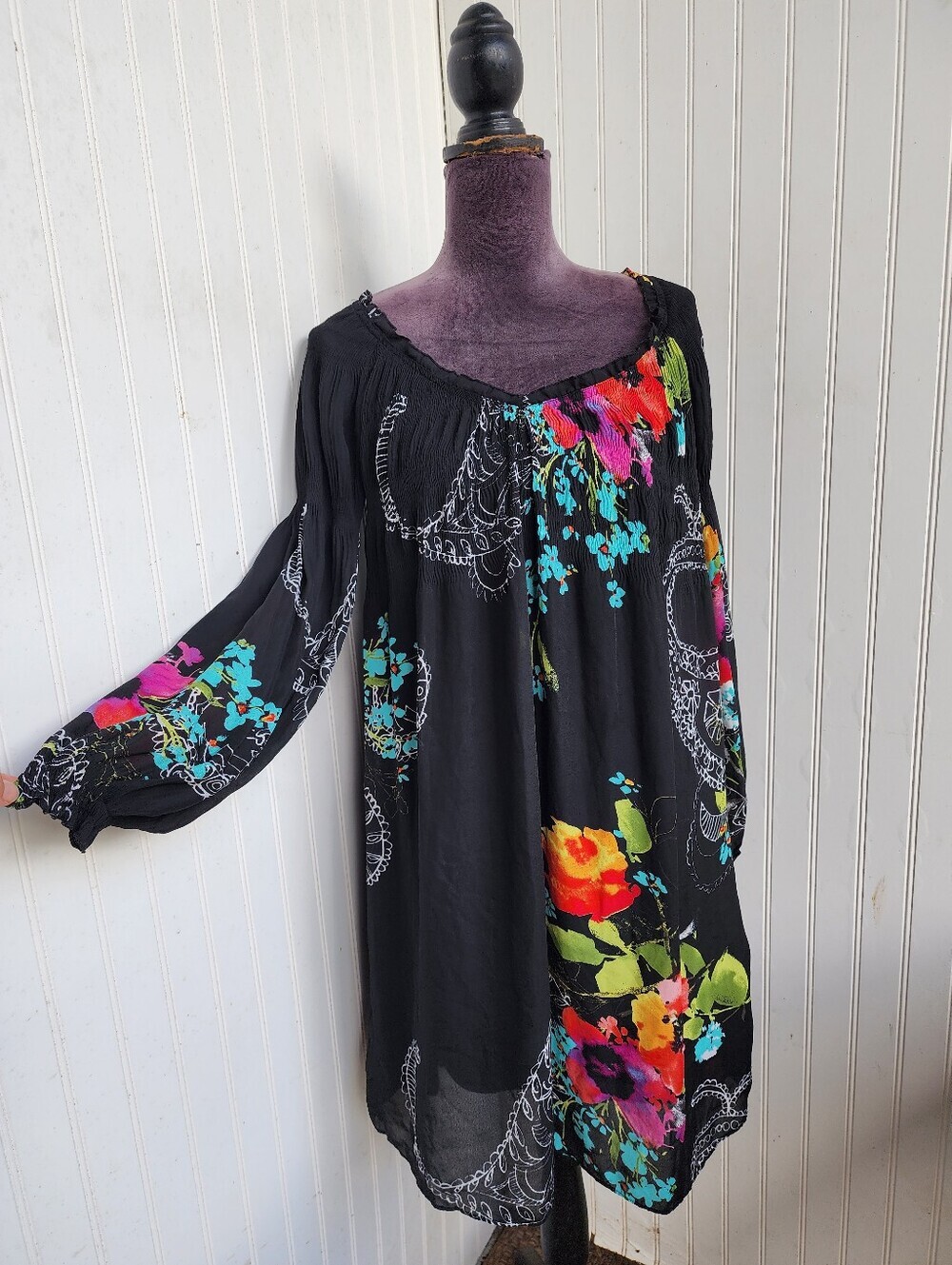 Sunny Leigh Women's Smocked Ruffle Dress Bloral Print Boho Black Sz S
